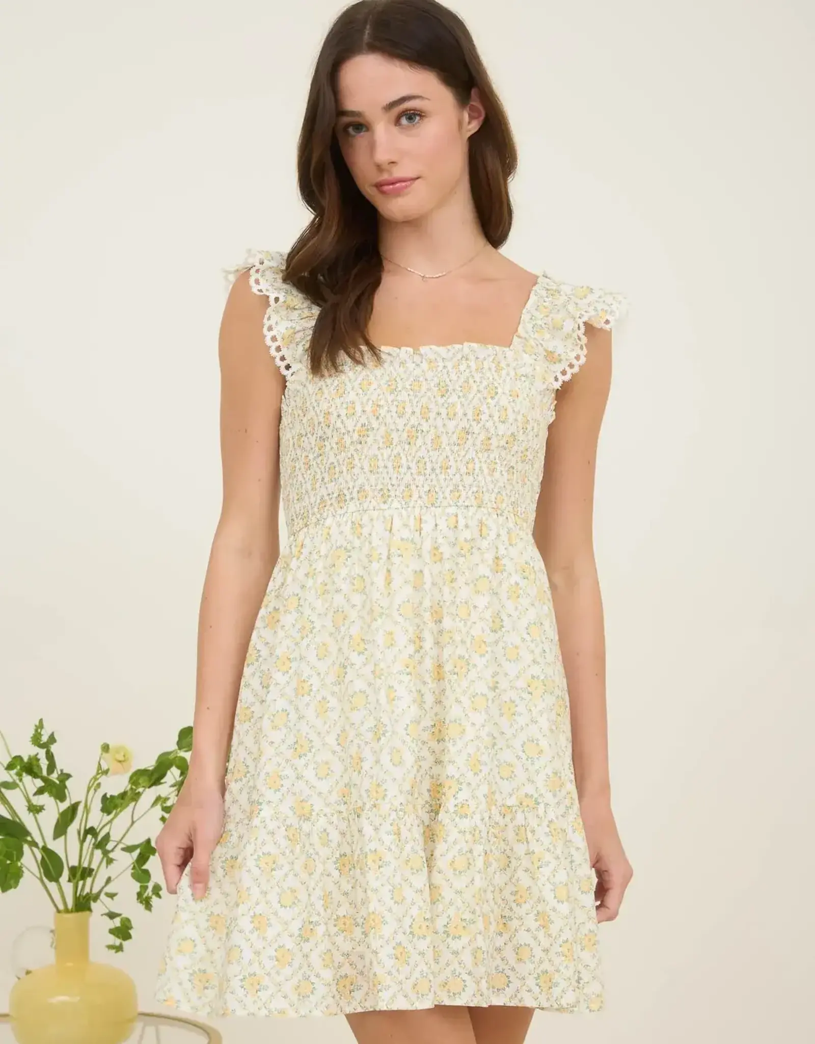 Miss Bliss Floral Trellis Pattern Smocked Mini Dress-Yellow