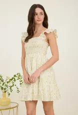Miss Bliss Floral Trellis Pattern Smocked Mini Dress-Yellow