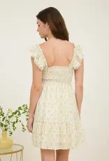 Miss Bliss Floral Trellis Pattern Smocked Mini Dress-Yellow