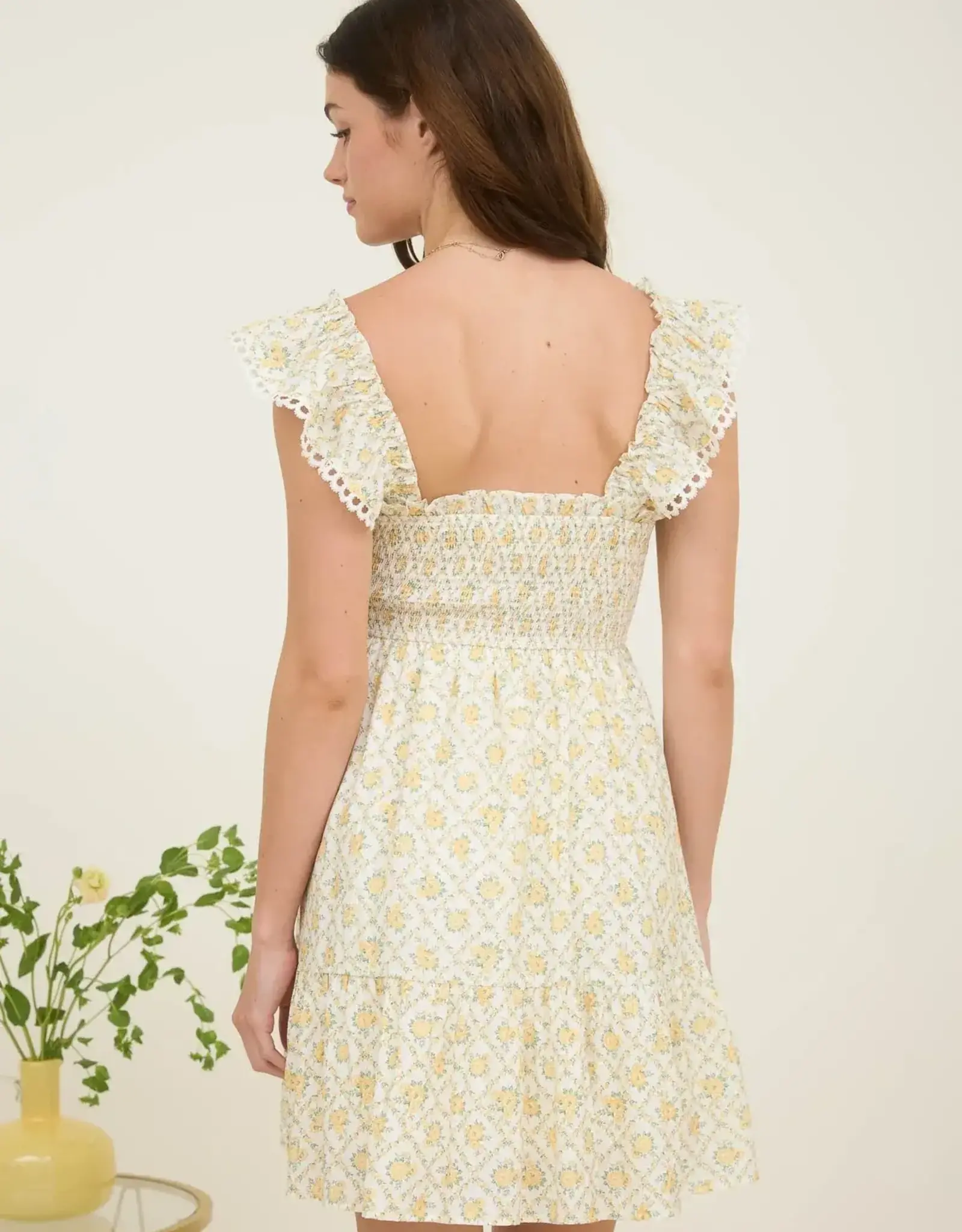 Miss Bliss Floral Trellis Pattern Smocked Mini Dress-Yellow