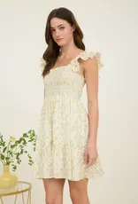 Miss Bliss Floral Trellis Pattern Smocked Mini Dress-Yellow