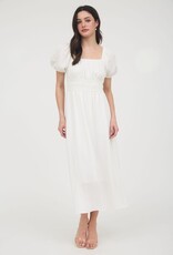 Miss Bliss M&E Solid Smocked Wst Balloon Slv Midi Dress-White