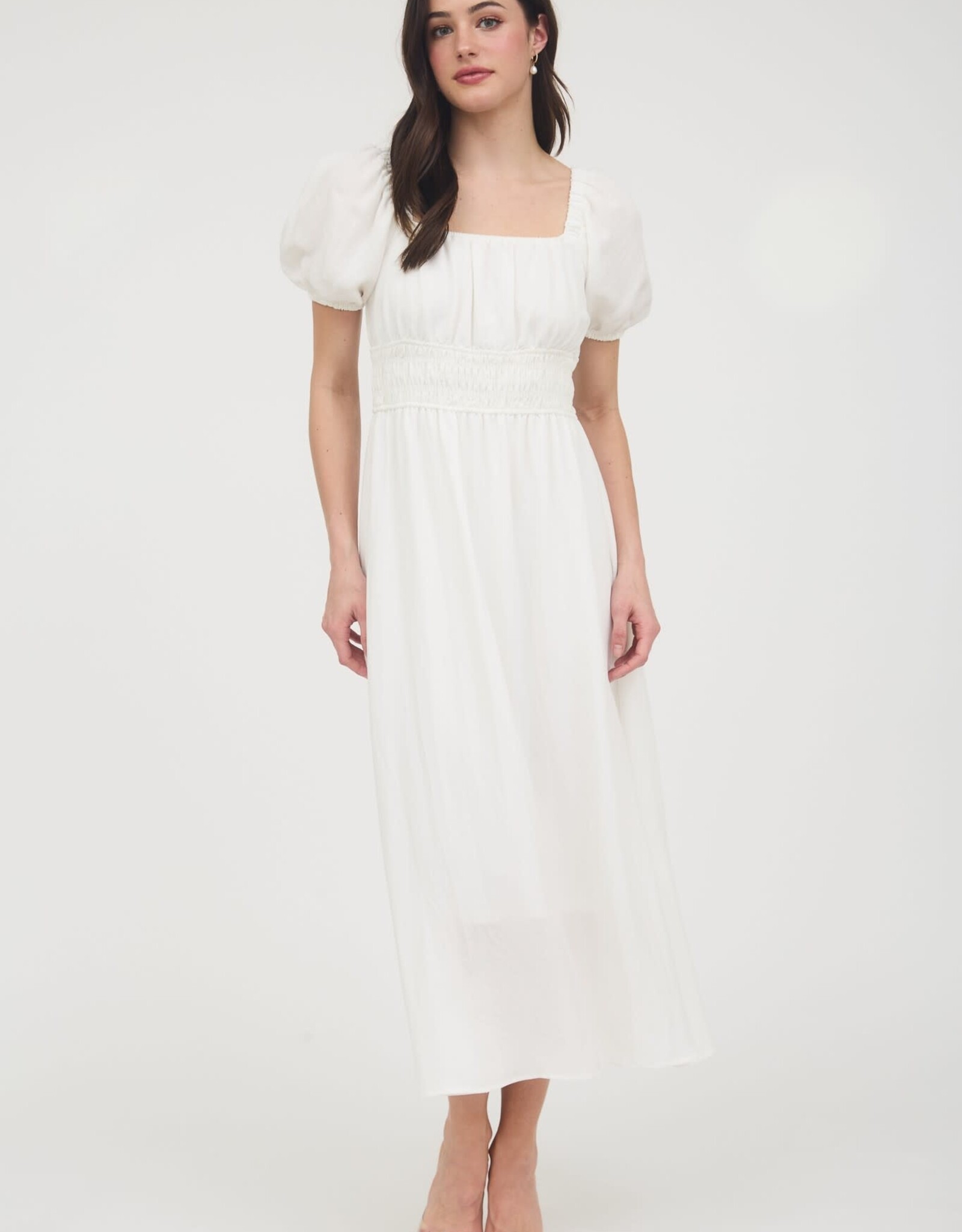 Miss Bliss M&E Solid Smocked Wst Balloon Slv Midi Dress-White
