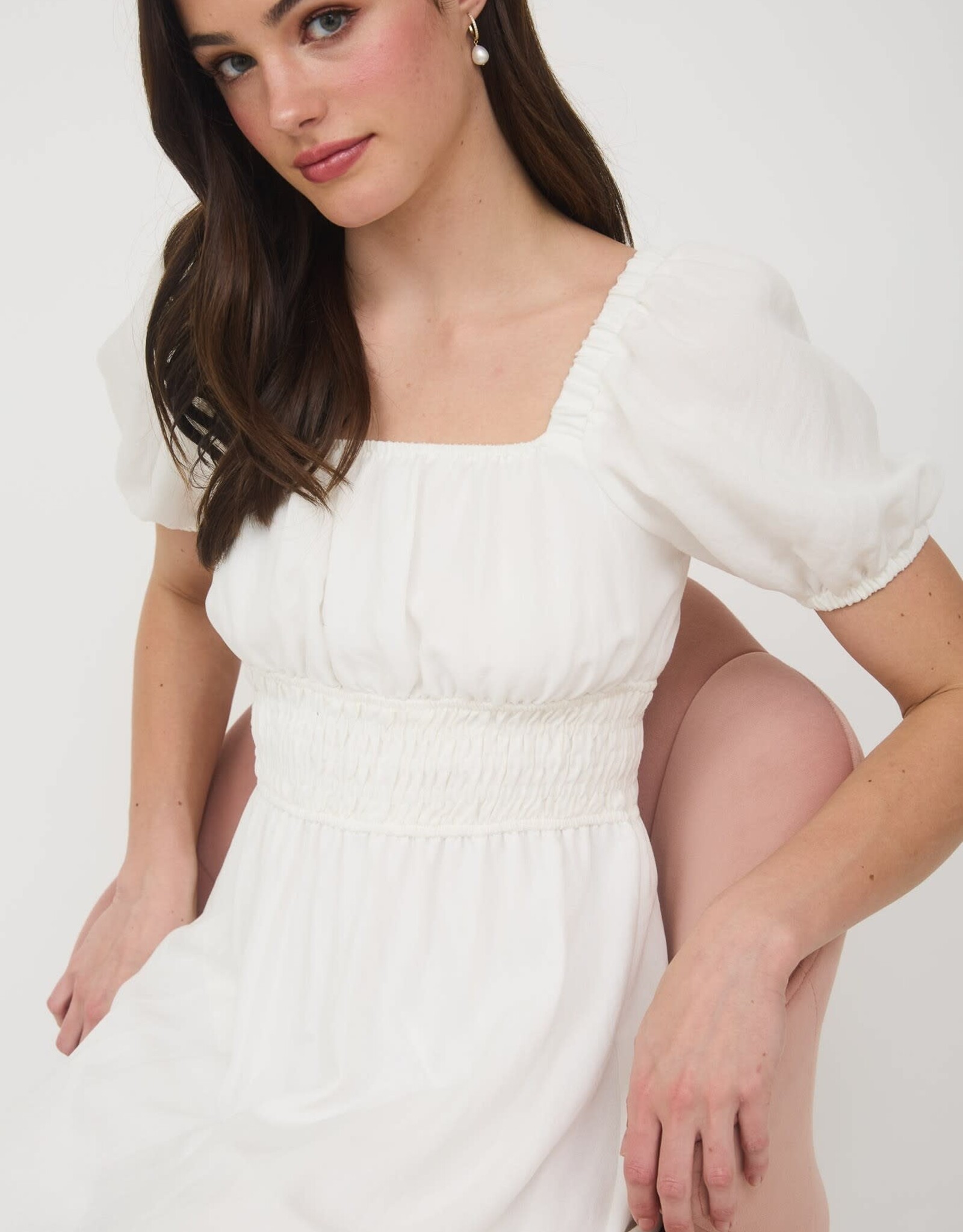 Miss Bliss M&E Solid Smocked Wst Balloon Slv Midi Dress-White