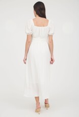 Miss Bliss M&E Solid Smocked Wst Balloon Slv Midi Dress-White