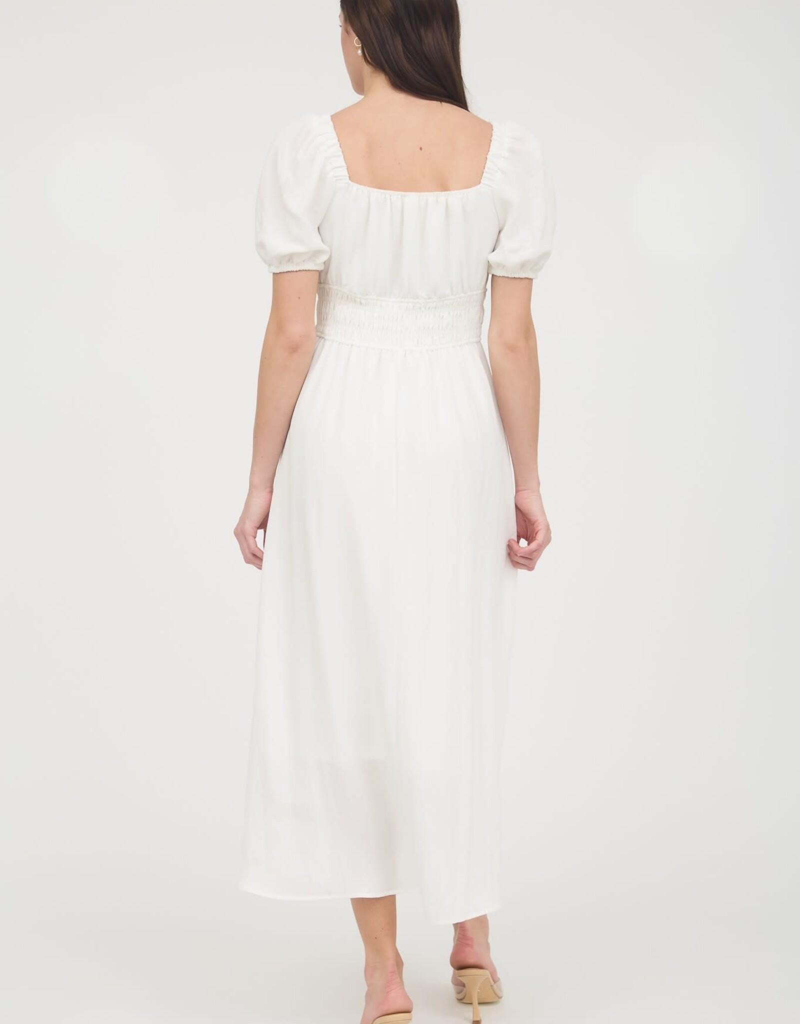Miss Bliss M&E Solid Smocked Wst Balloon Slv Midi Dress-White