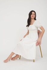 Miss Bliss M&E Solid Smocked Wst Balloon Slv Midi Dress-White