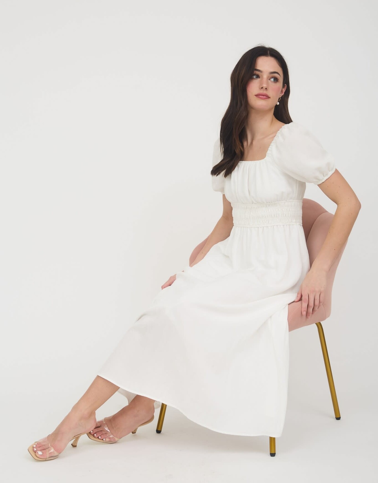 Miss Bliss M&E Solid Smocked Wst Balloon Slv Midi Dress-White