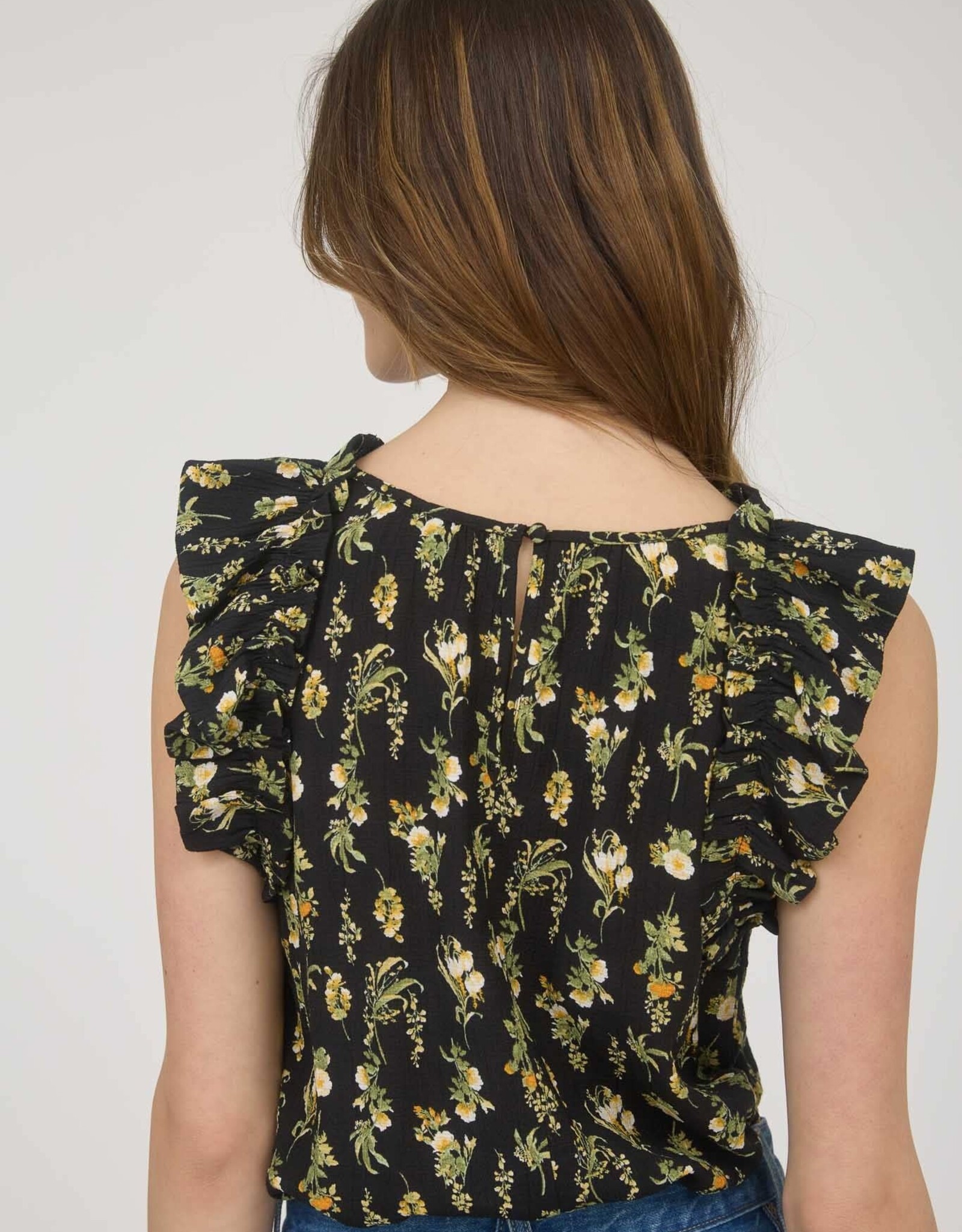 Miss Bliss Floral Ruffle Detail Slvls Top-Black