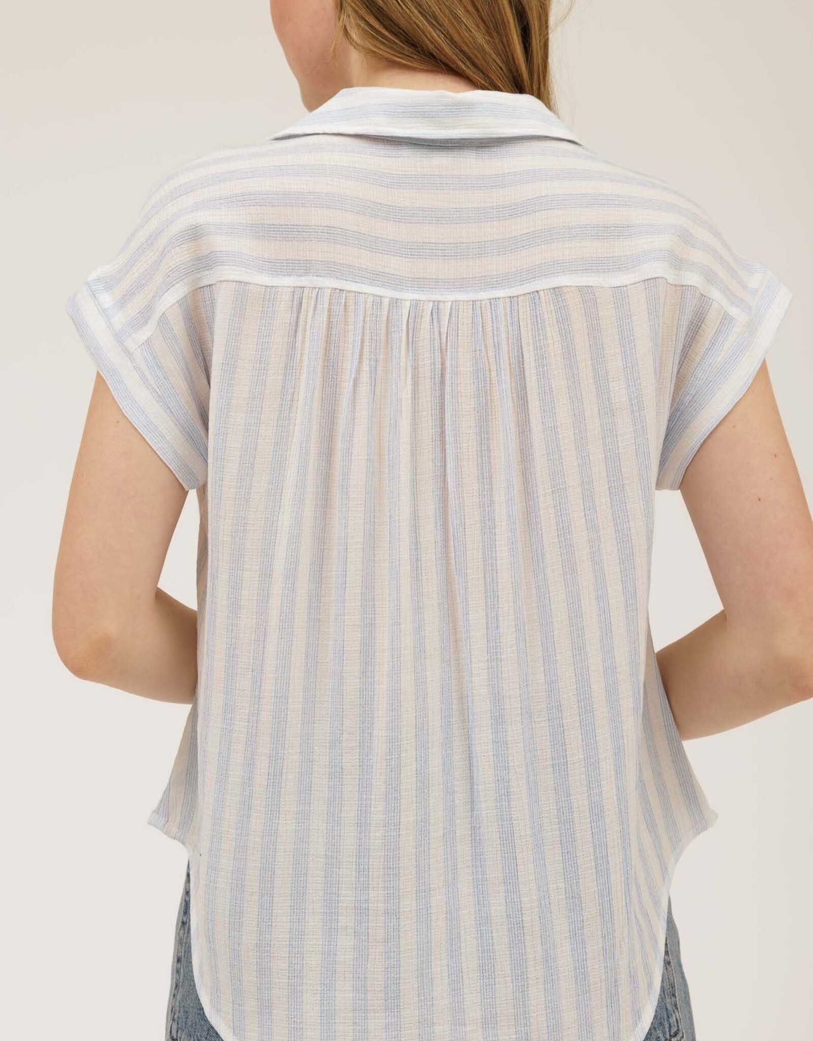 Miss Bliss M&E Stripe Collared Cuff Slv LW Shirt-Blue