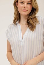Miss Bliss M&E Stripe Collared Cuff Slv LW Shirt-Blue