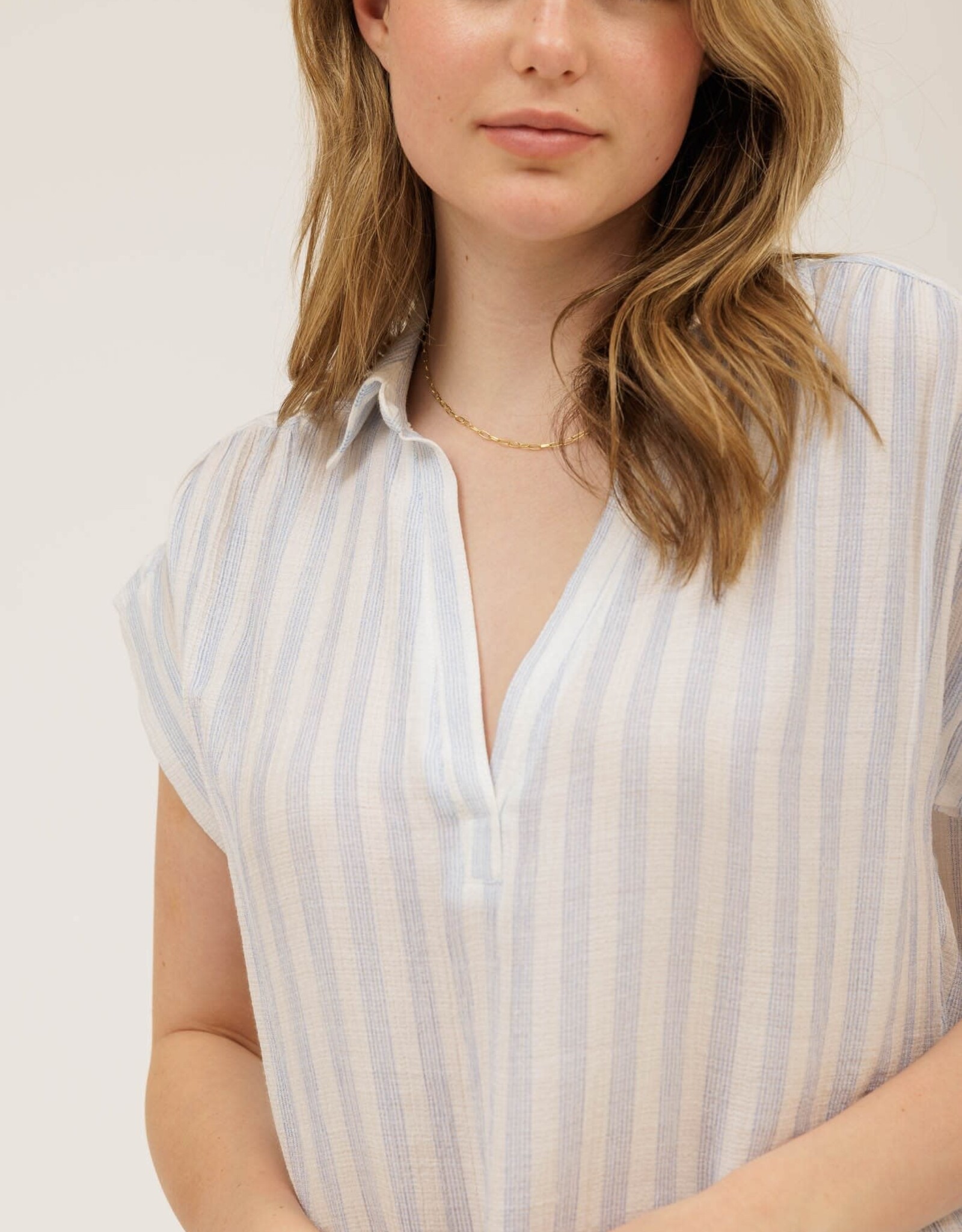 Miss Bliss M&E Stripe Collared Cuff Slv LW Shirt-Blue
