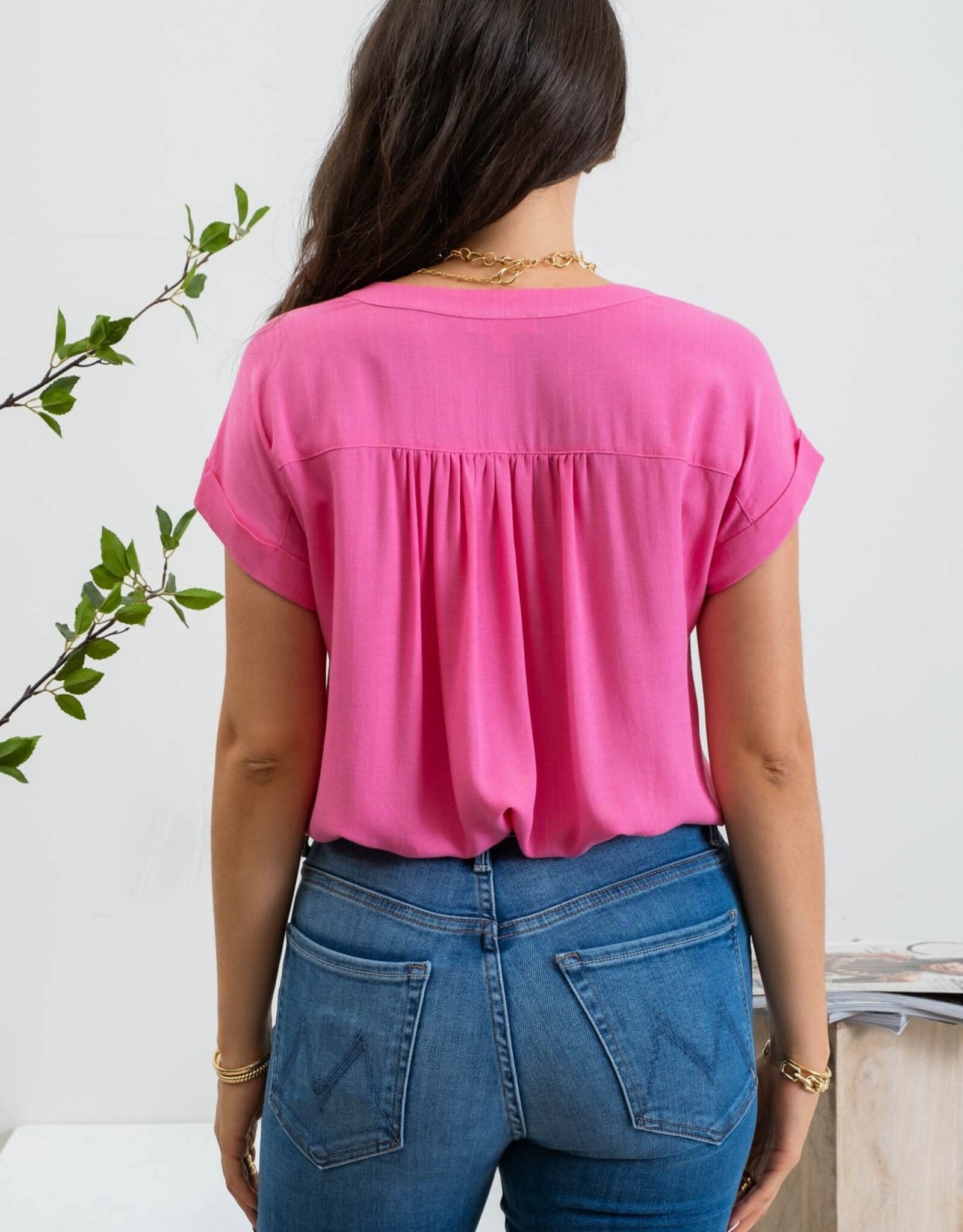 Miss Bliss M&E Rolled Sleeve Woven Top-Fuscia
