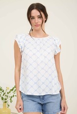 Miss Bliss M&E Bow Clip Dot Pattern Ruffle Sleeve Blouse-Blue