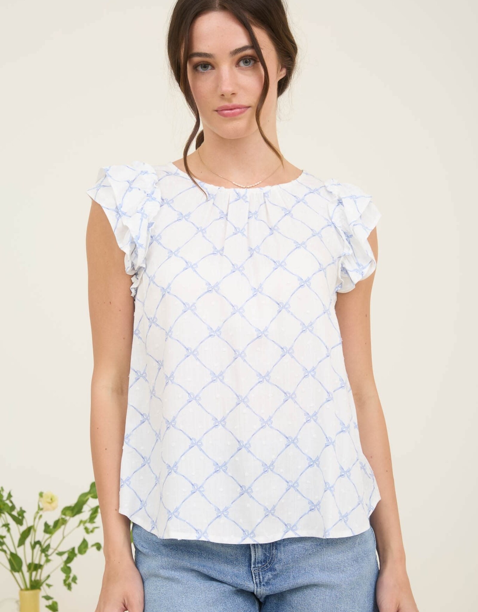Miss Bliss M&E Bow Clip Dot Pattern Ruffle Sleeve Blouse-Blue