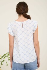 Miss Bliss M&E Bow Clip Dot Pattern Ruffle Sleeve Blouse-Blue
