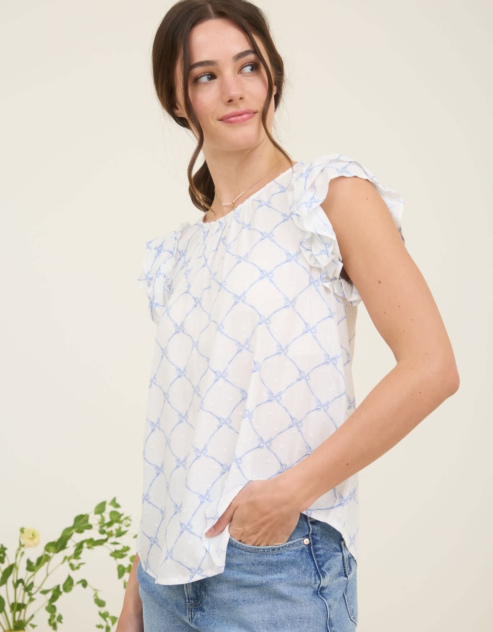 Miss Bliss M&E Bow Clip Dot Pattern Ruffle Sleeve Blouse-Blue