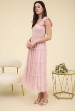 Miss Bliss M&E Polka Dot Chiffon Smocked Tiered Midi Dress-Pink