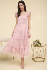 Miss Bliss M&E Polka Dot Chiffon Smocked Tiered Midi Dress-Pink
