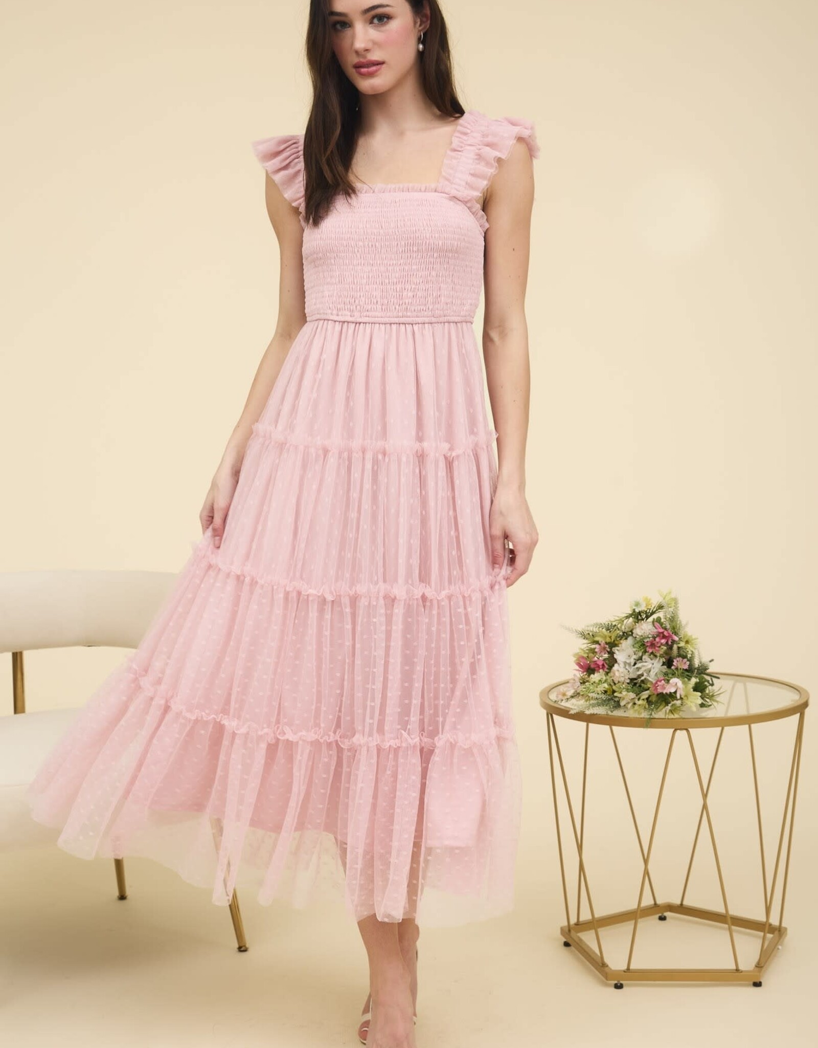Miss Bliss M&E Polka Dot Chiffon Smocked Tiered Midi Dress-Pink