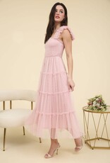 Miss Bliss M&E Polka Dot Chiffon Smocked Tiered Midi Dress-Pink