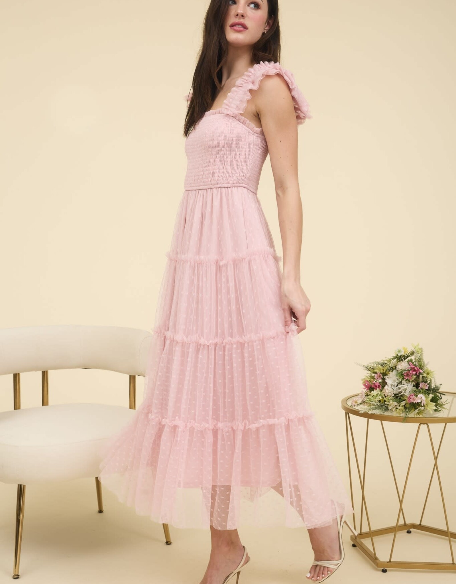 Miss Bliss M&E Polka Dot Chiffon Smocked Tiered Midi Dress-Pink