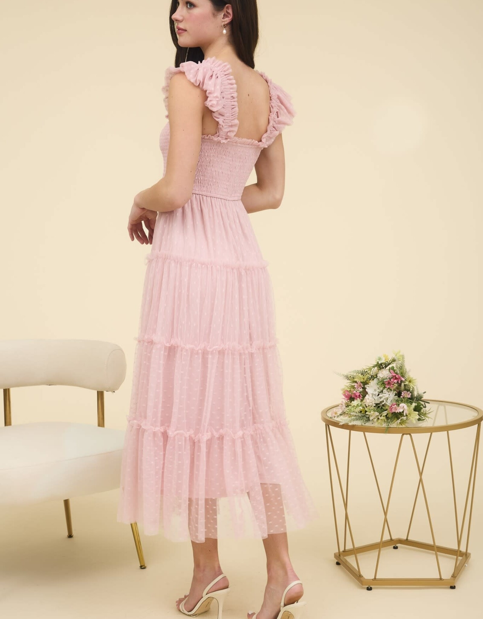 Miss Bliss M&E Polka Dot Chiffon Smocked Tiered Midi Dress-Pink