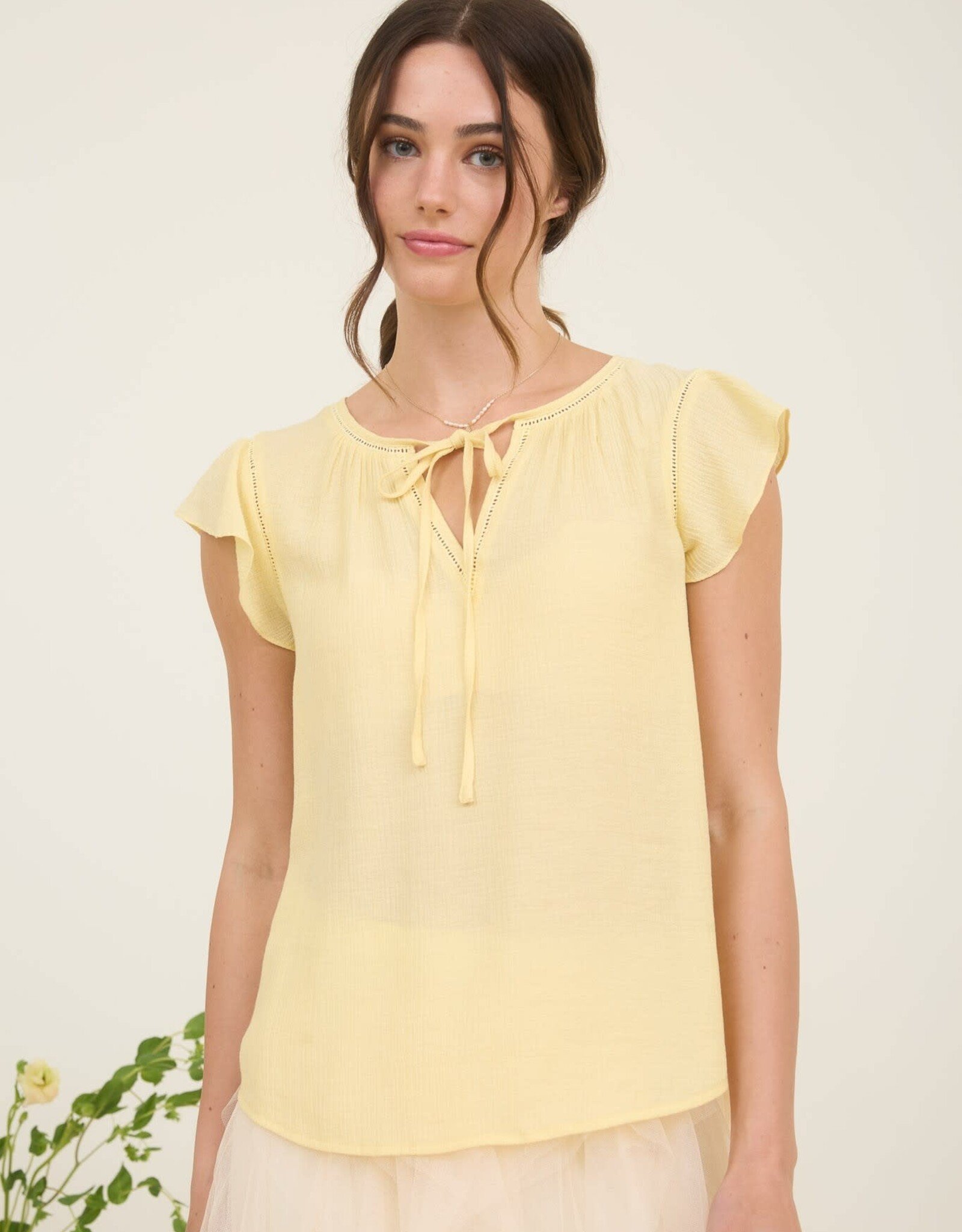 Miss Bliss M&E Ladder Lace Trim Front Tie Ruffle Sleeve Top-Yellow