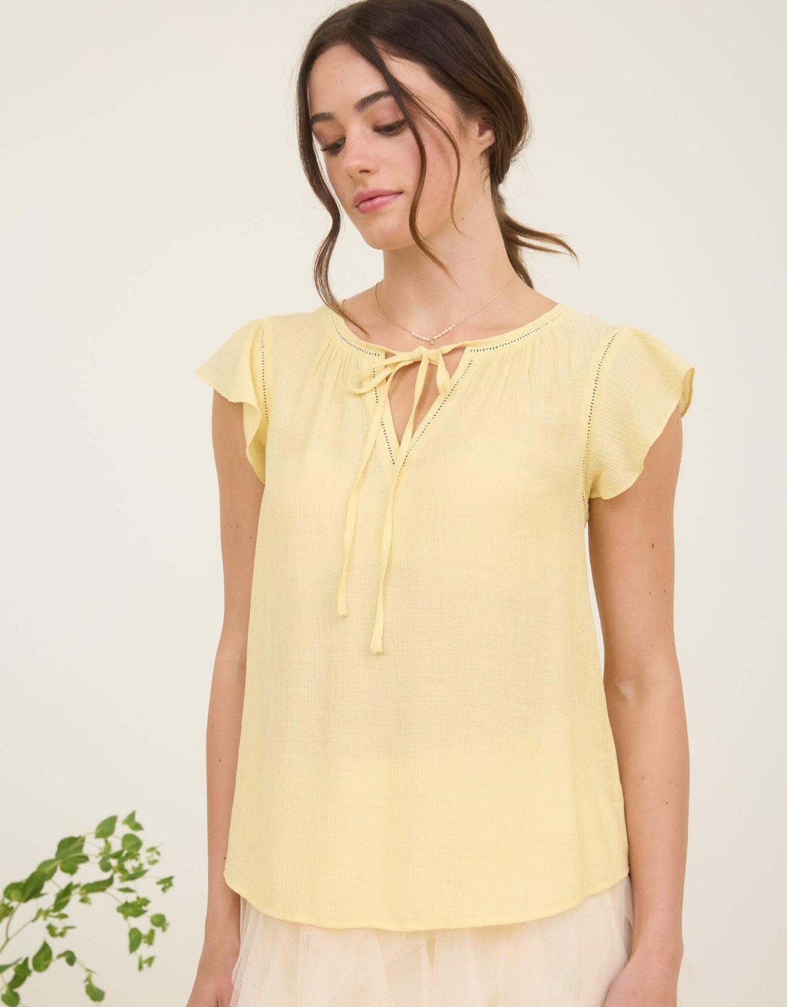 Miss Bliss M&E Ladder Lace Trim Front Tie Ruffle Sleeve Top-Yellow