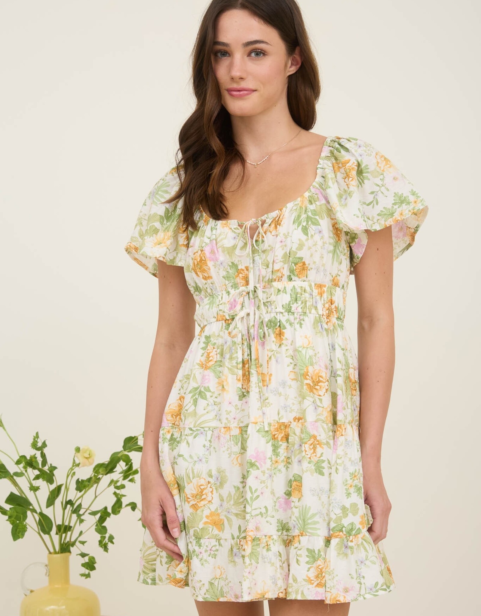 Miss Bliss M&E Floral Scoop Nck Tier Mini Dress-Ivory/Multi