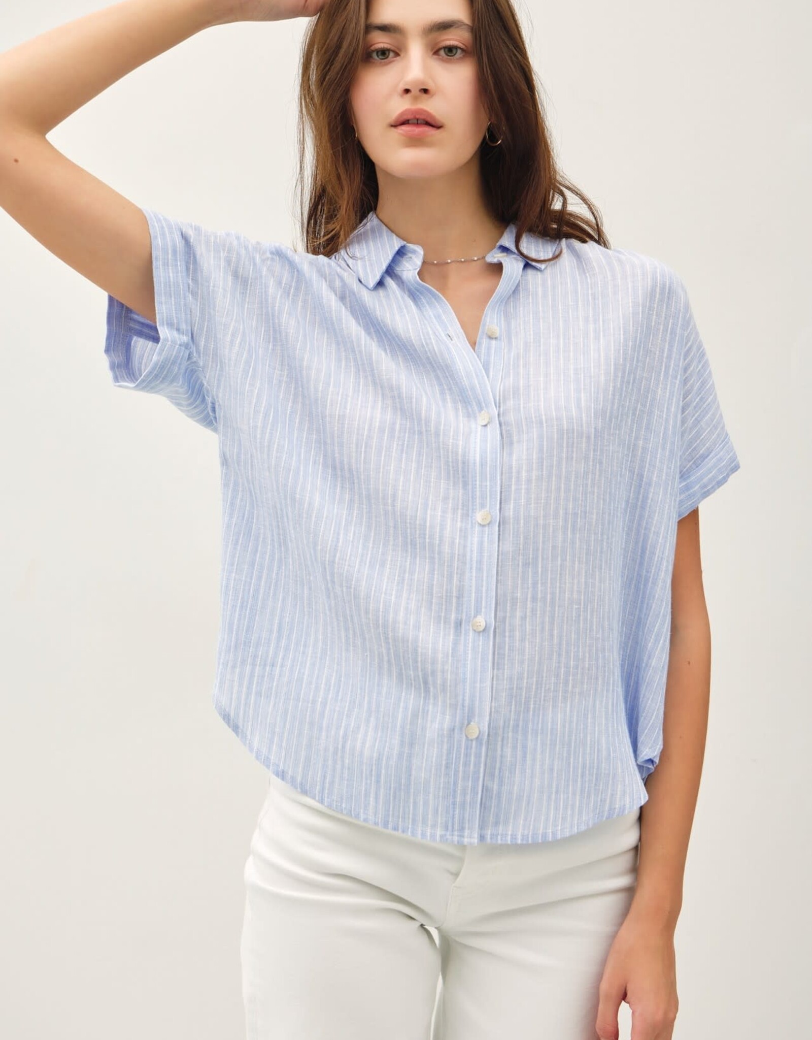Miss Bliss BC Linen Shirring Striped Top-Chambray