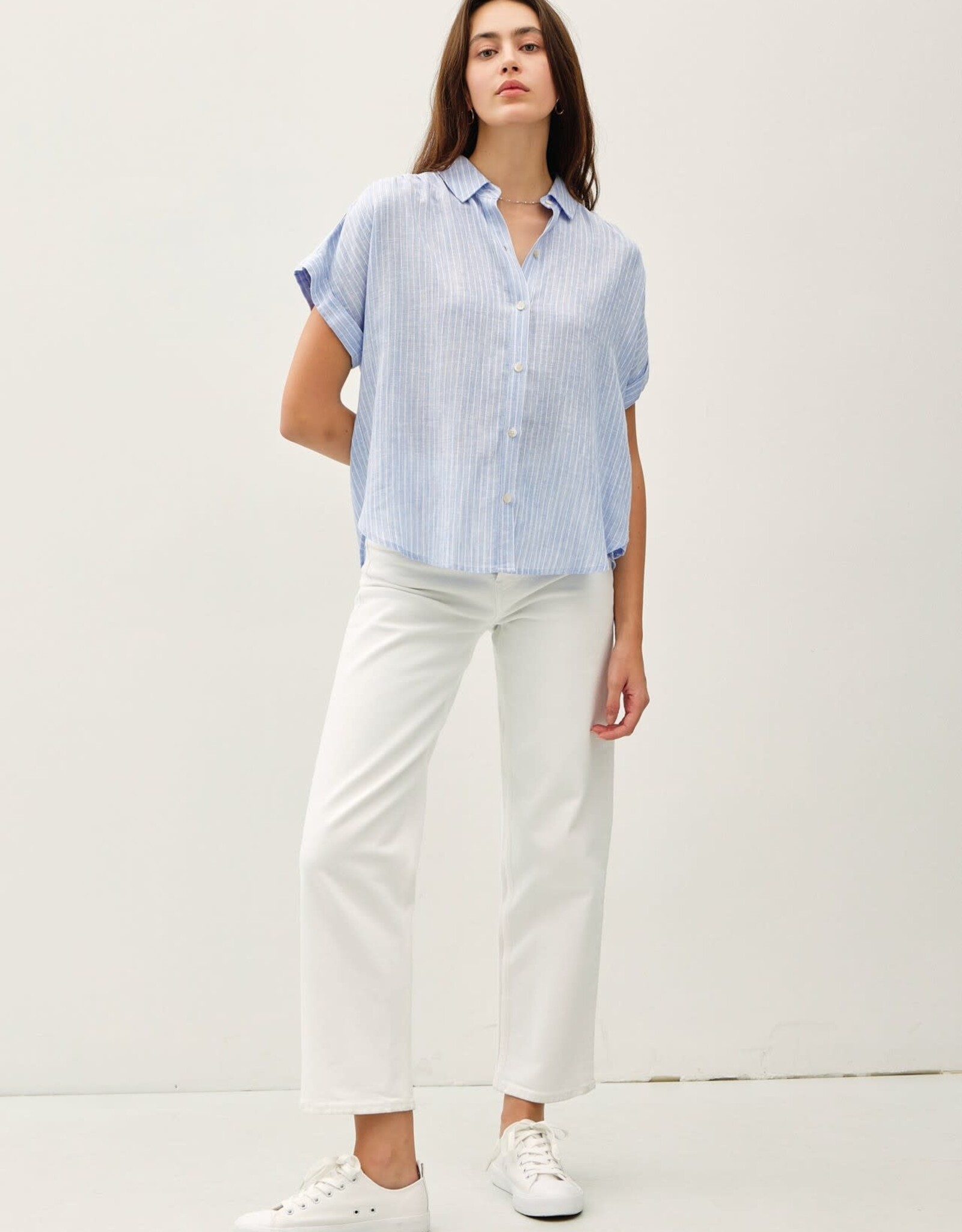 Miss Bliss BC Linen Shirring Striped Top-Chambray