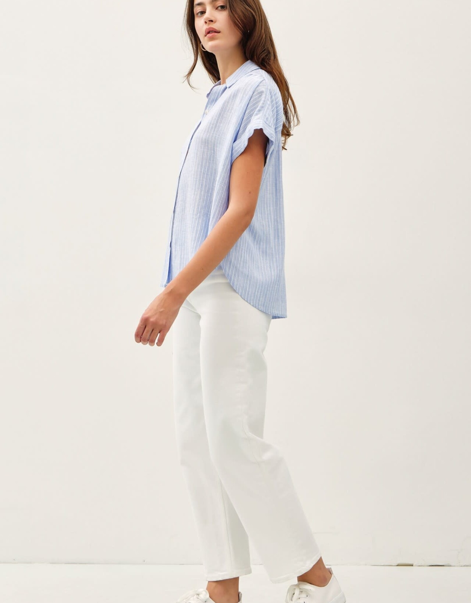 Miss Bliss BC Linen Shirring Striped Top-Chambray