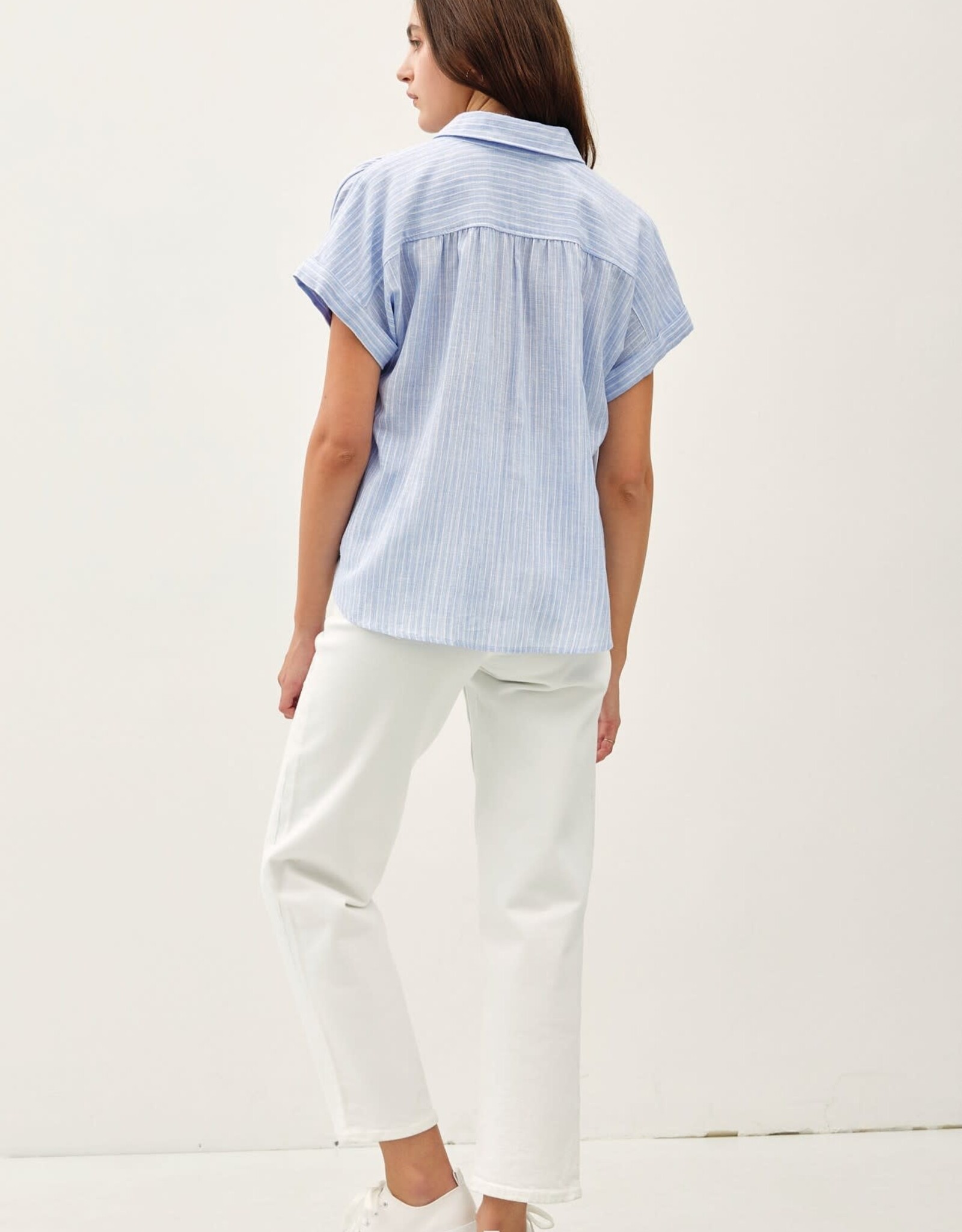 Miss Bliss BC Linen Shirring Striped Top-Chambray