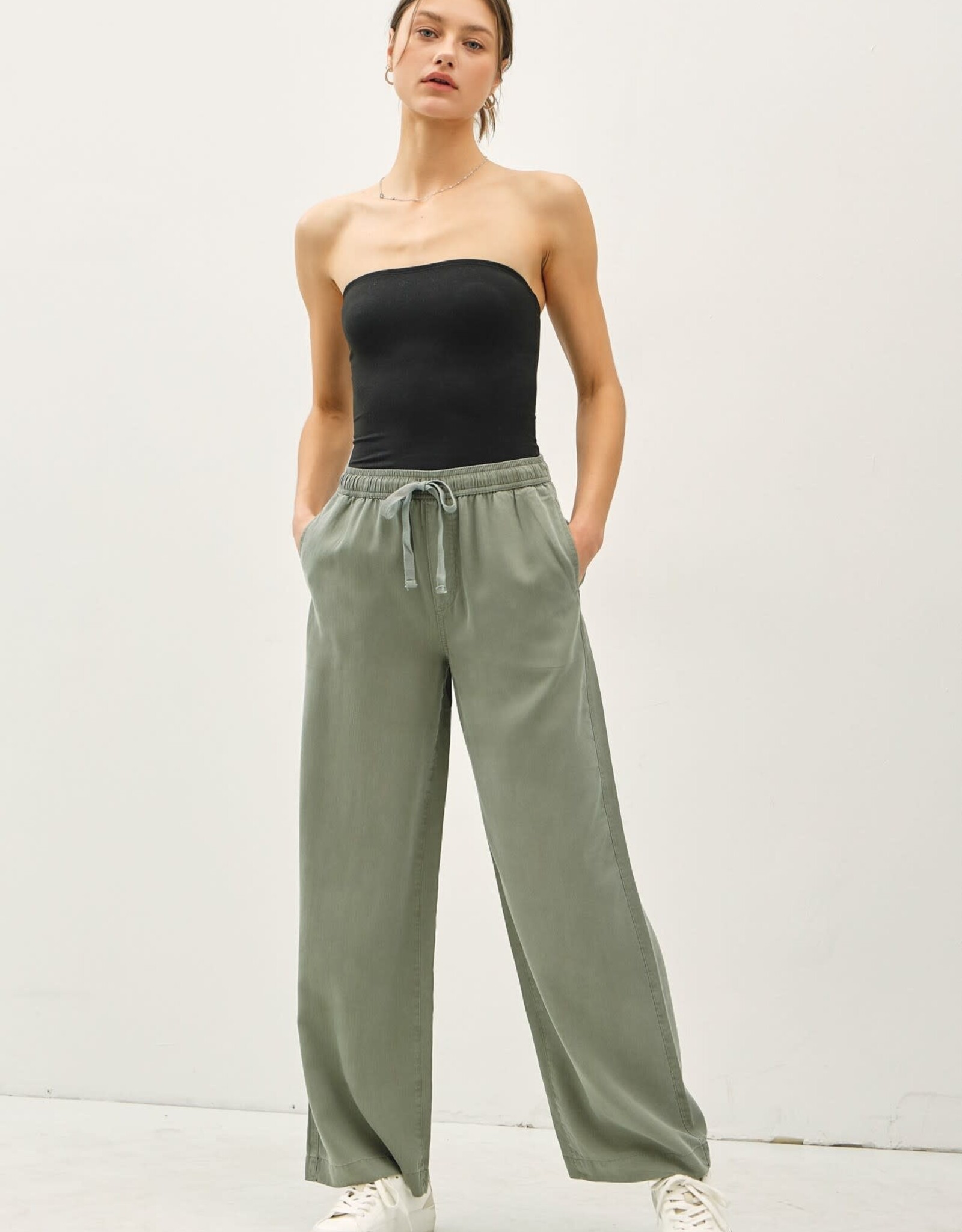 Miss Bliss BC Tencel Wide Leg Pants W Pocket & Drawstring-Olive