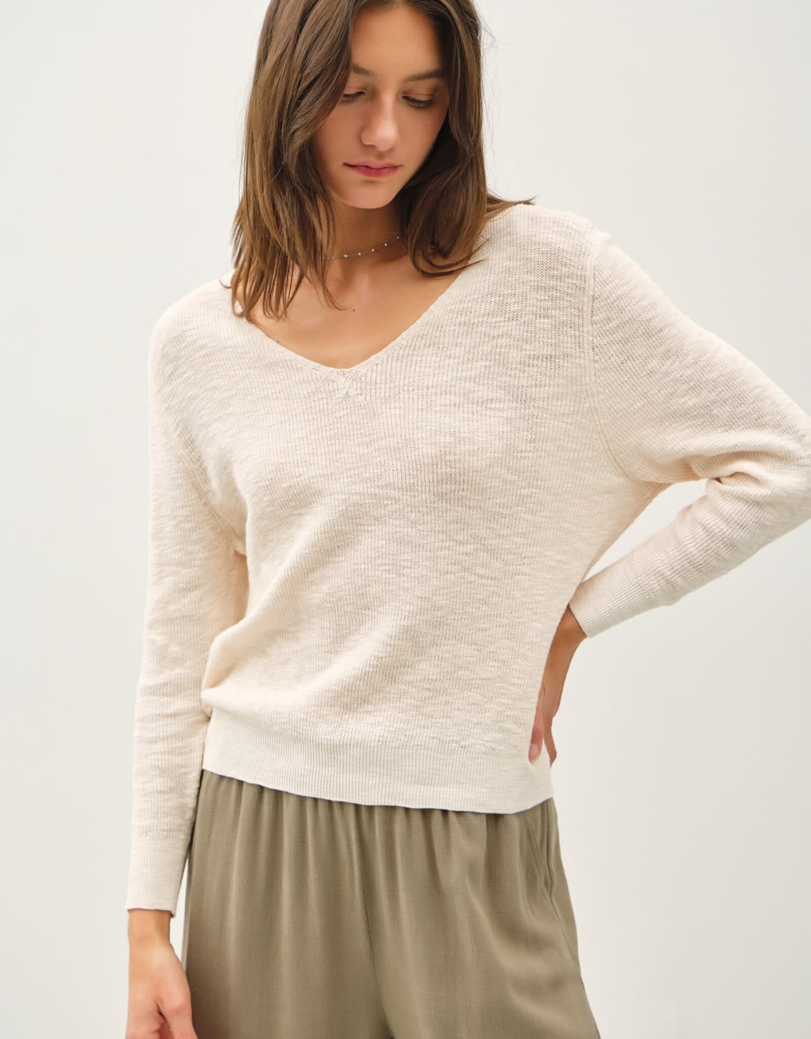 Miss Bliss BC Ls V-neck Cotton Slub Sweater- Natural