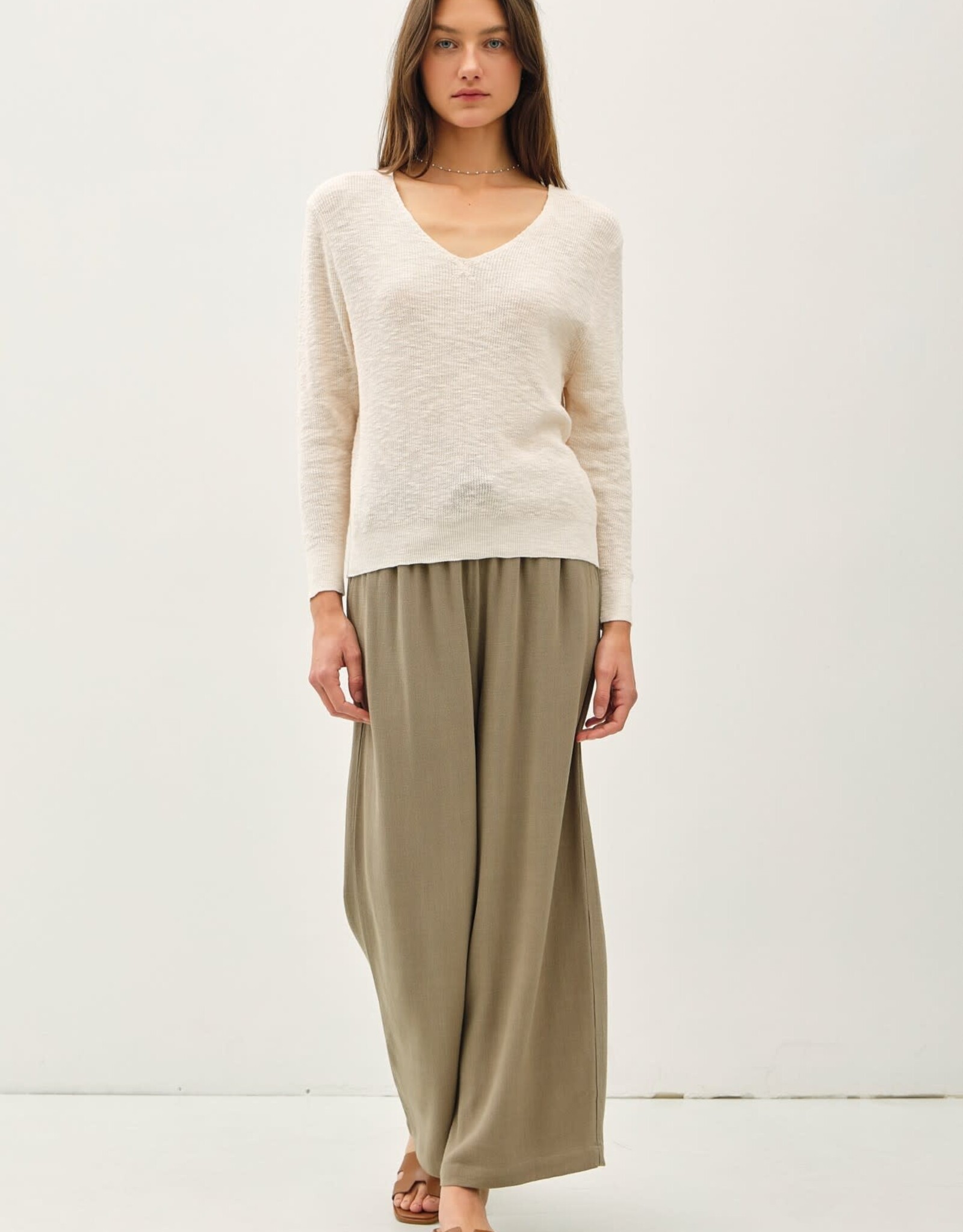 Miss Bliss BC Ls V-neck Cotton Slub Sweater- Natural