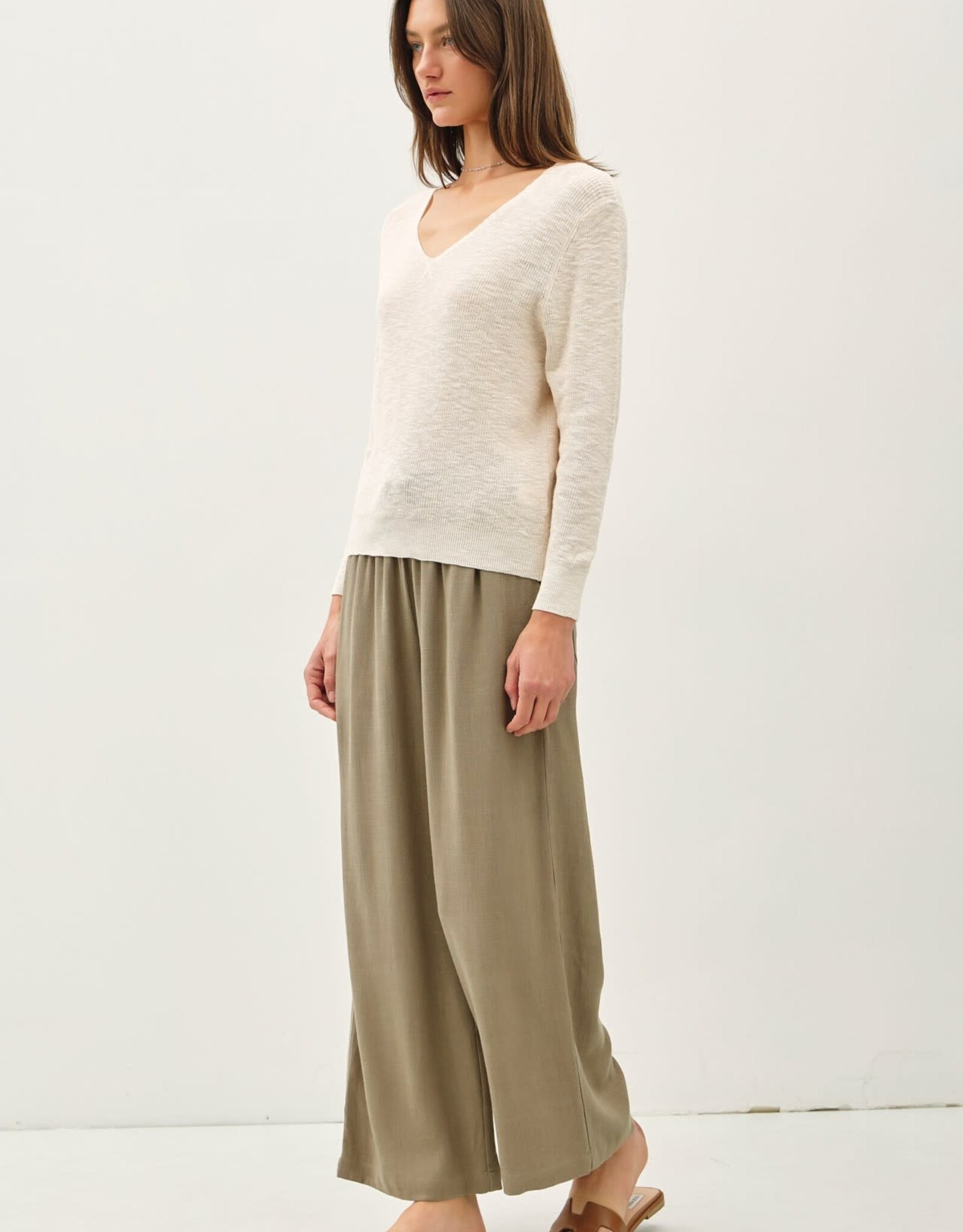 Miss Bliss BC Ls V-neck Cotton Slub Sweater- Natural