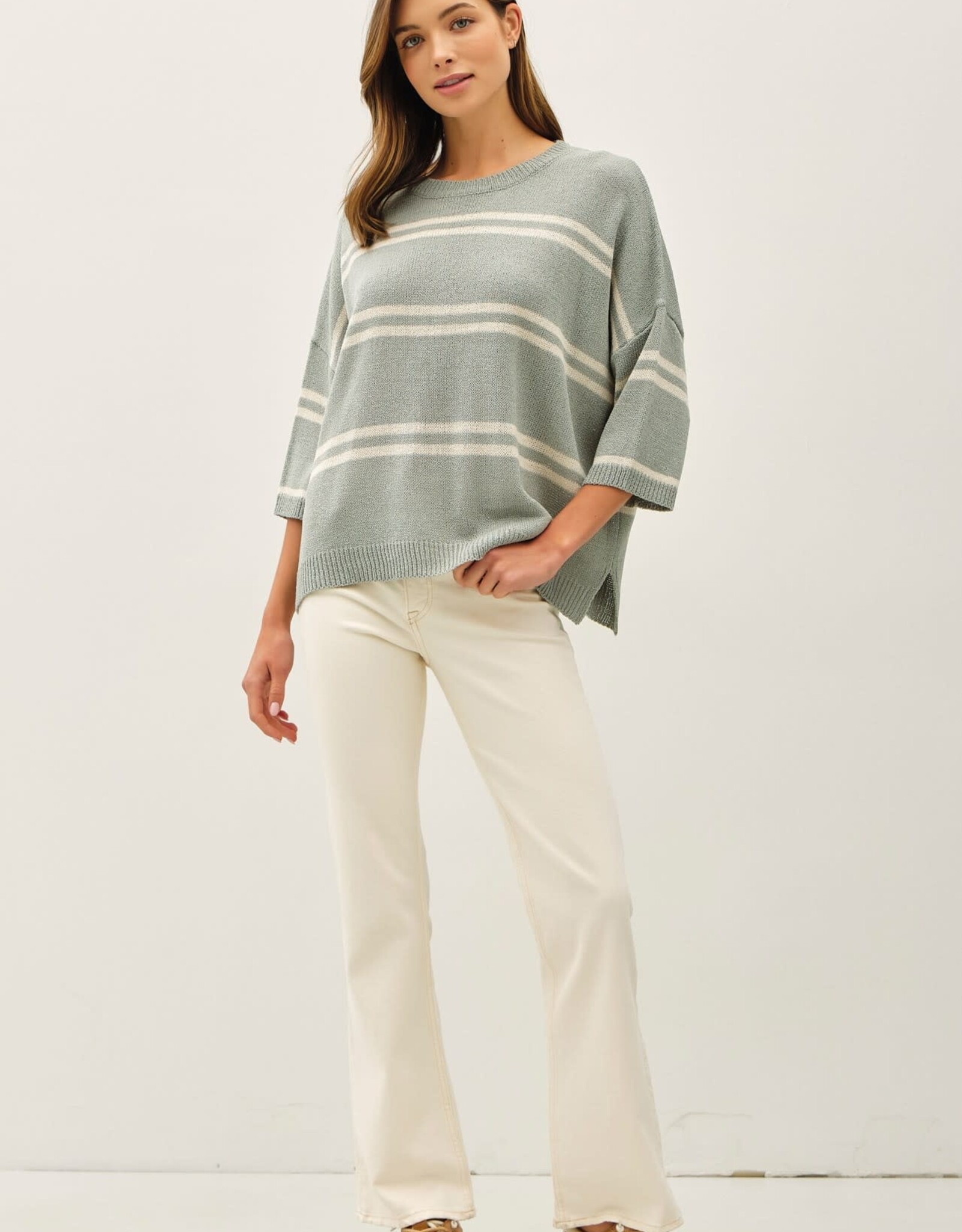 Miss Bliss BC Drop Shoulder Striped Sweater Top-Jade