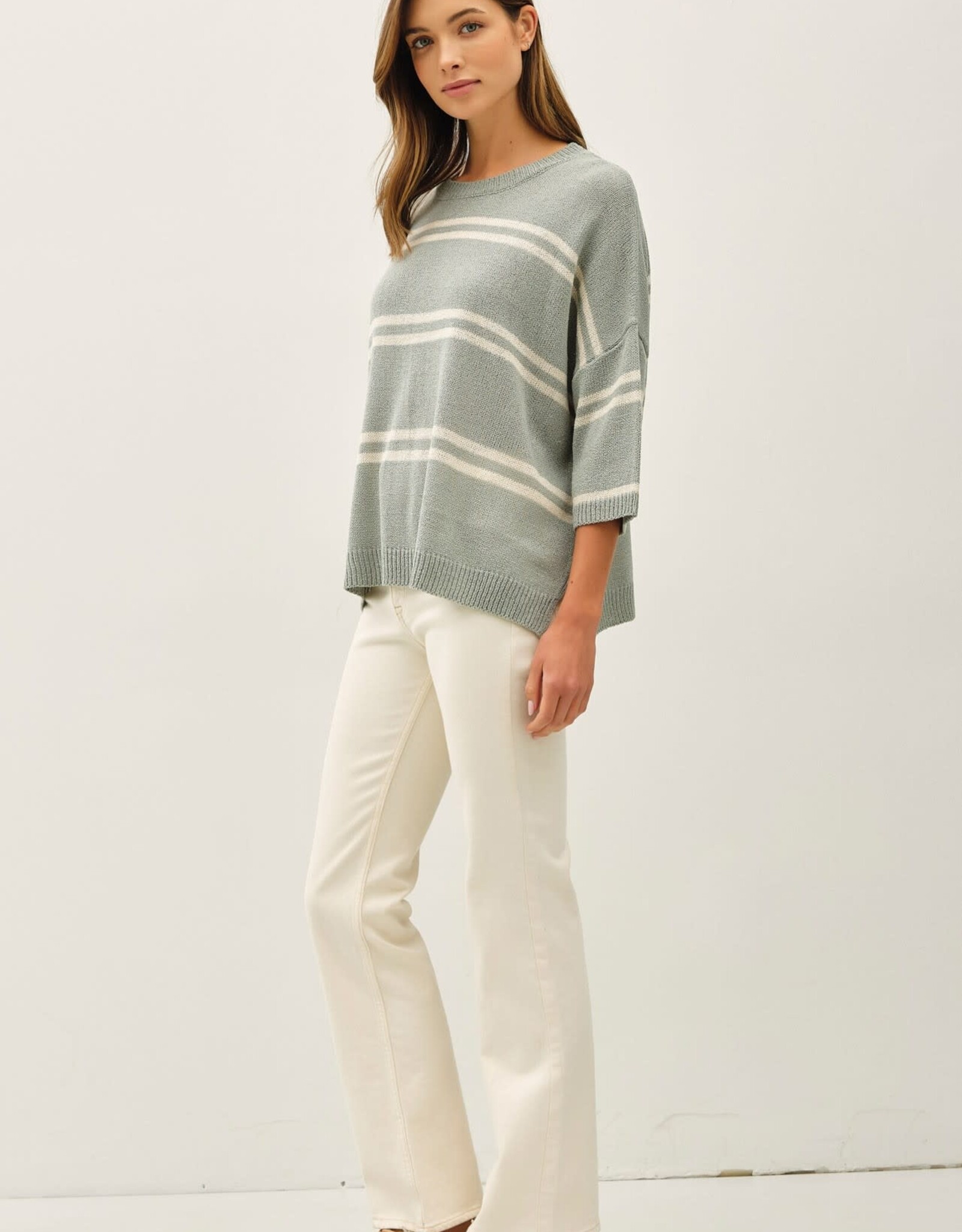 Miss Bliss BC Drop Shoulder Striped Sweater Top-Jade