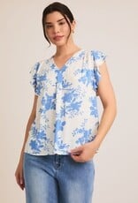 Miss Bliss Gilli V Neck Flutter Slv Blouse-Ivory/Blue