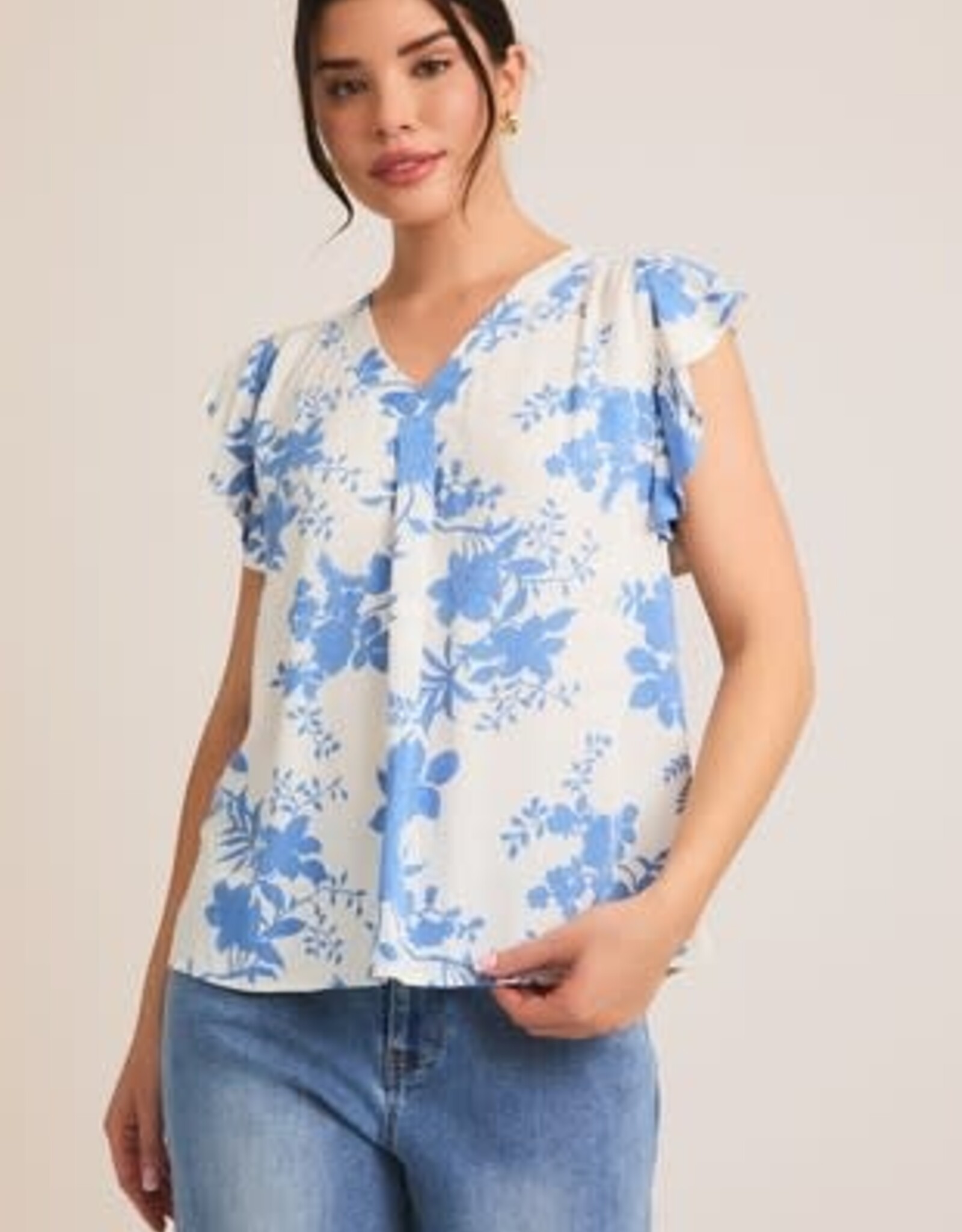 Miss Bliss Gilli V Neck Flutter Slv Blouse-Ivory/Blue