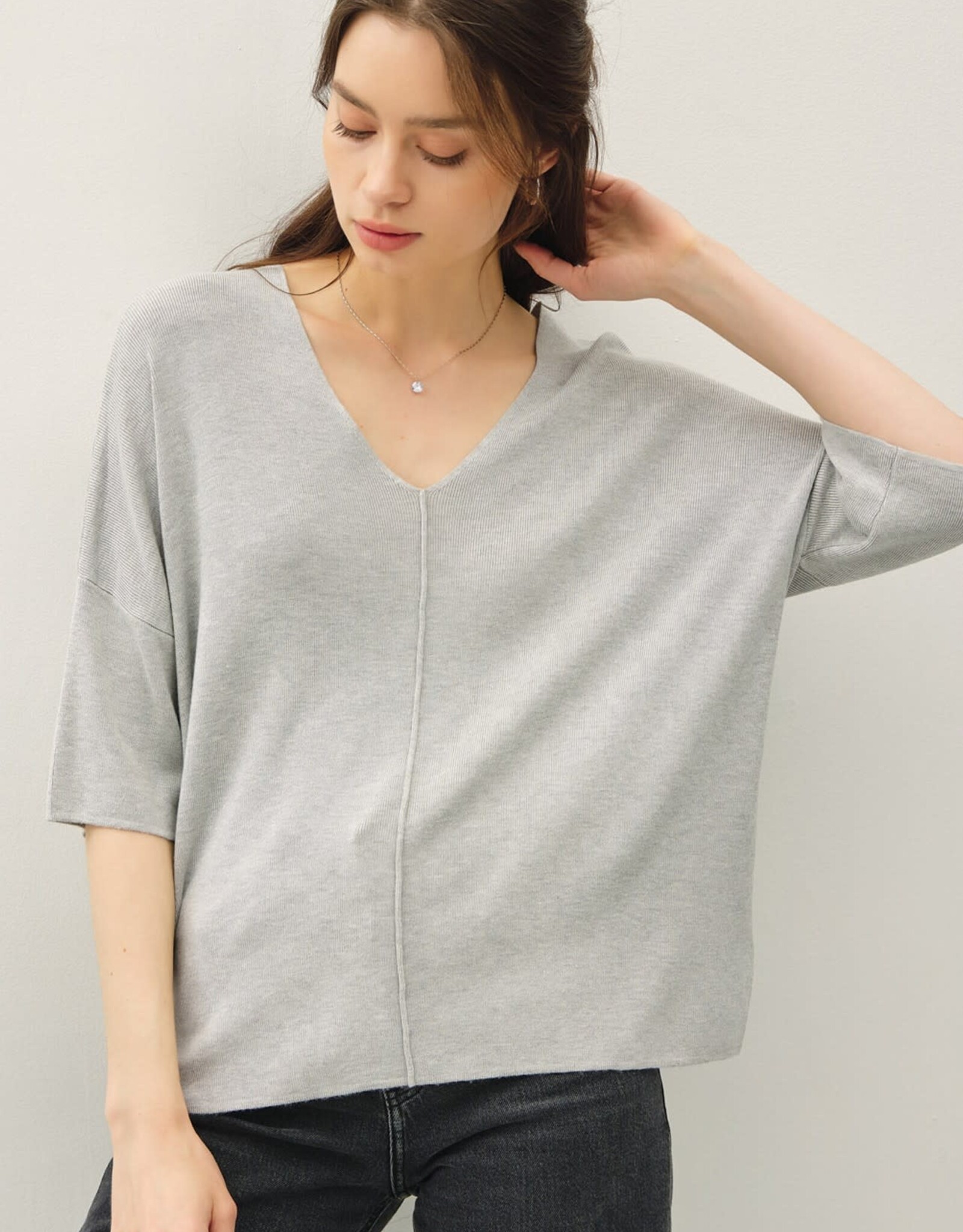 Miss Bliss BC-Vneck Dropped Shoulder Half Slv Sweater-Hgrey