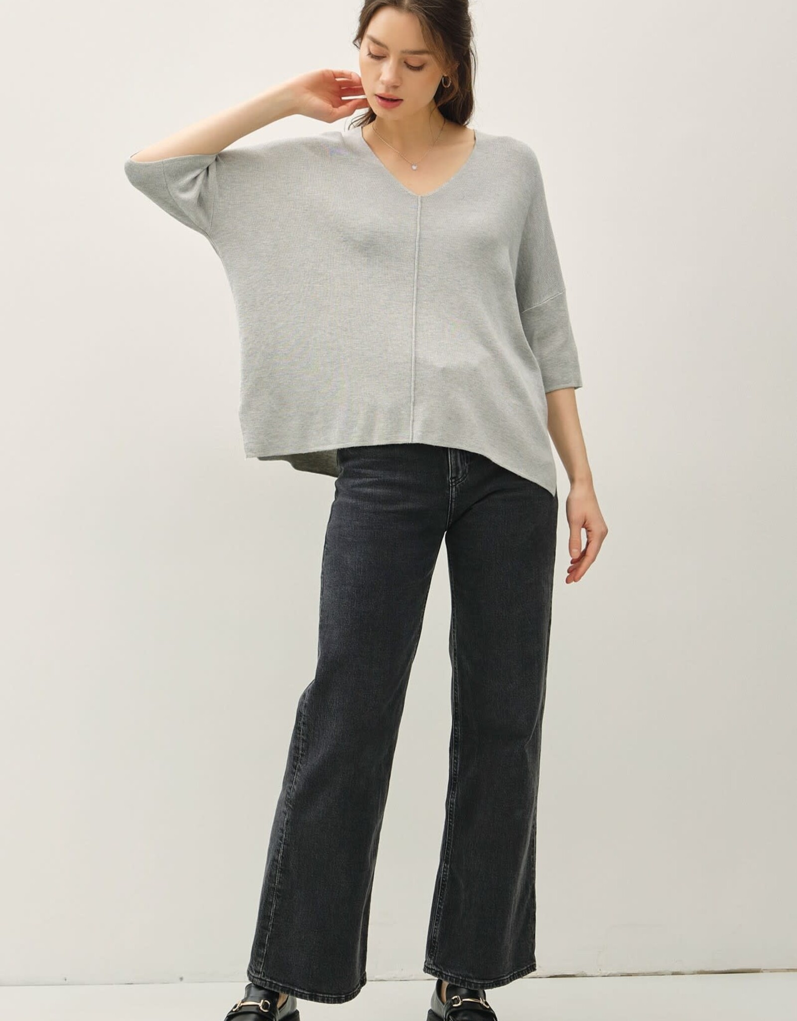 Miss Bliss BC-Vneck Dropped Shoulder Half Slv Sweater-Hgrey