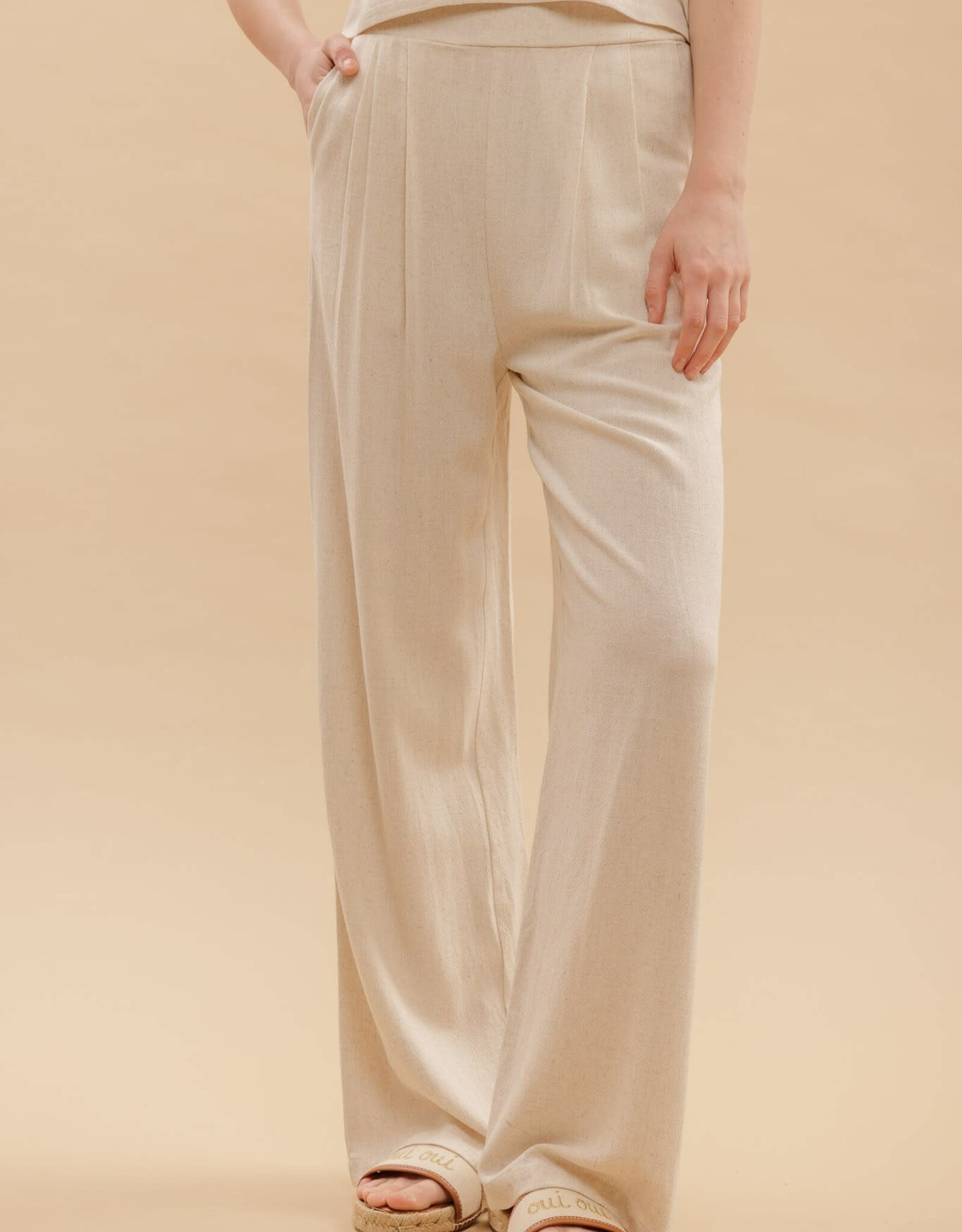 Miss Bliss Blu High Waist Wide Leg Pleated Pants-Oatmeal