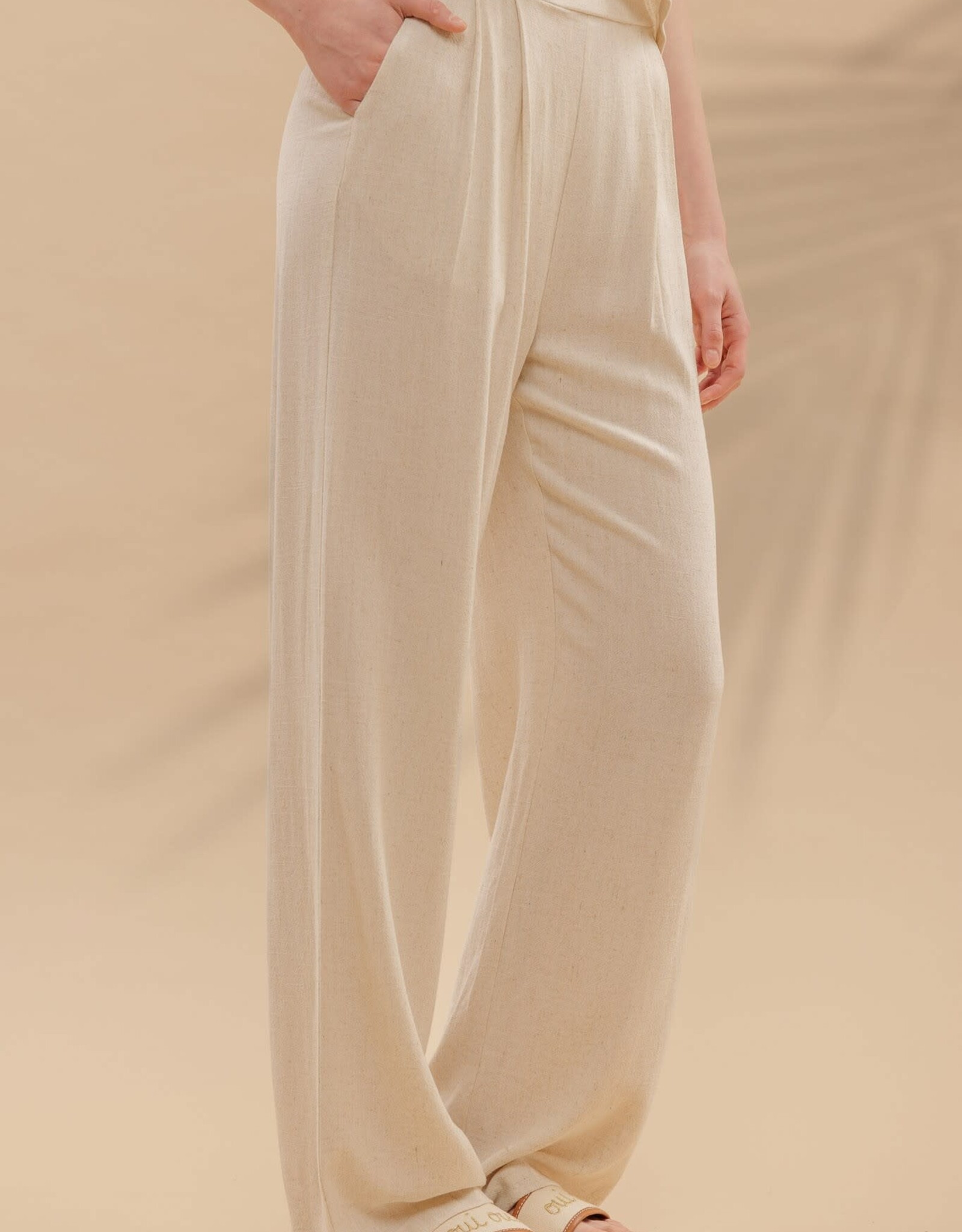 Miss Bliss Blu High Waist Wide Leg Pleated Pants-Oatmeal