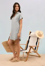 Miss Bliss Blu Stripe Chambray Collared Cuff Slv Mini Dress