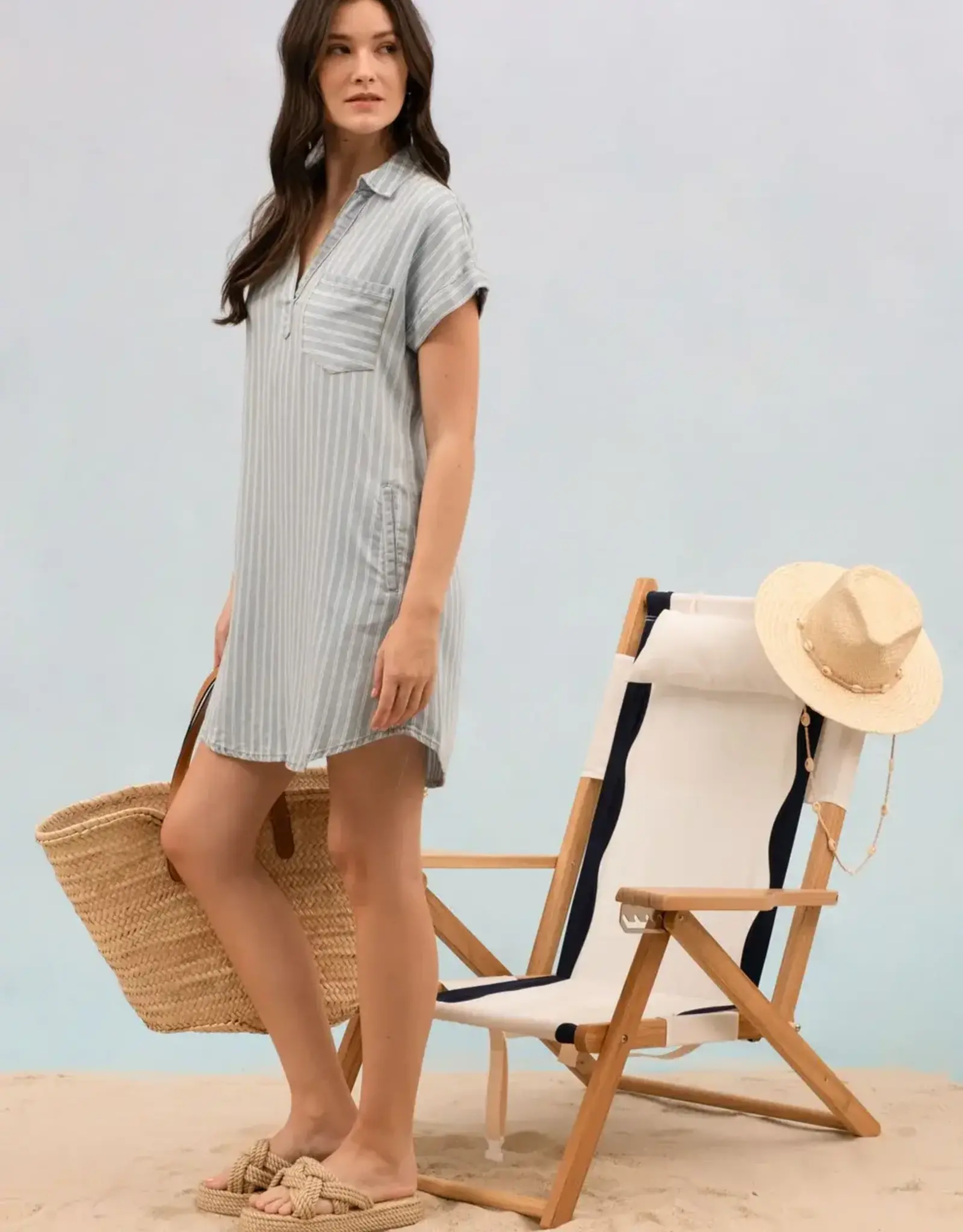 Miss Bliss Blu Stripe Chambray Collared Cuff Slv Mini Dress