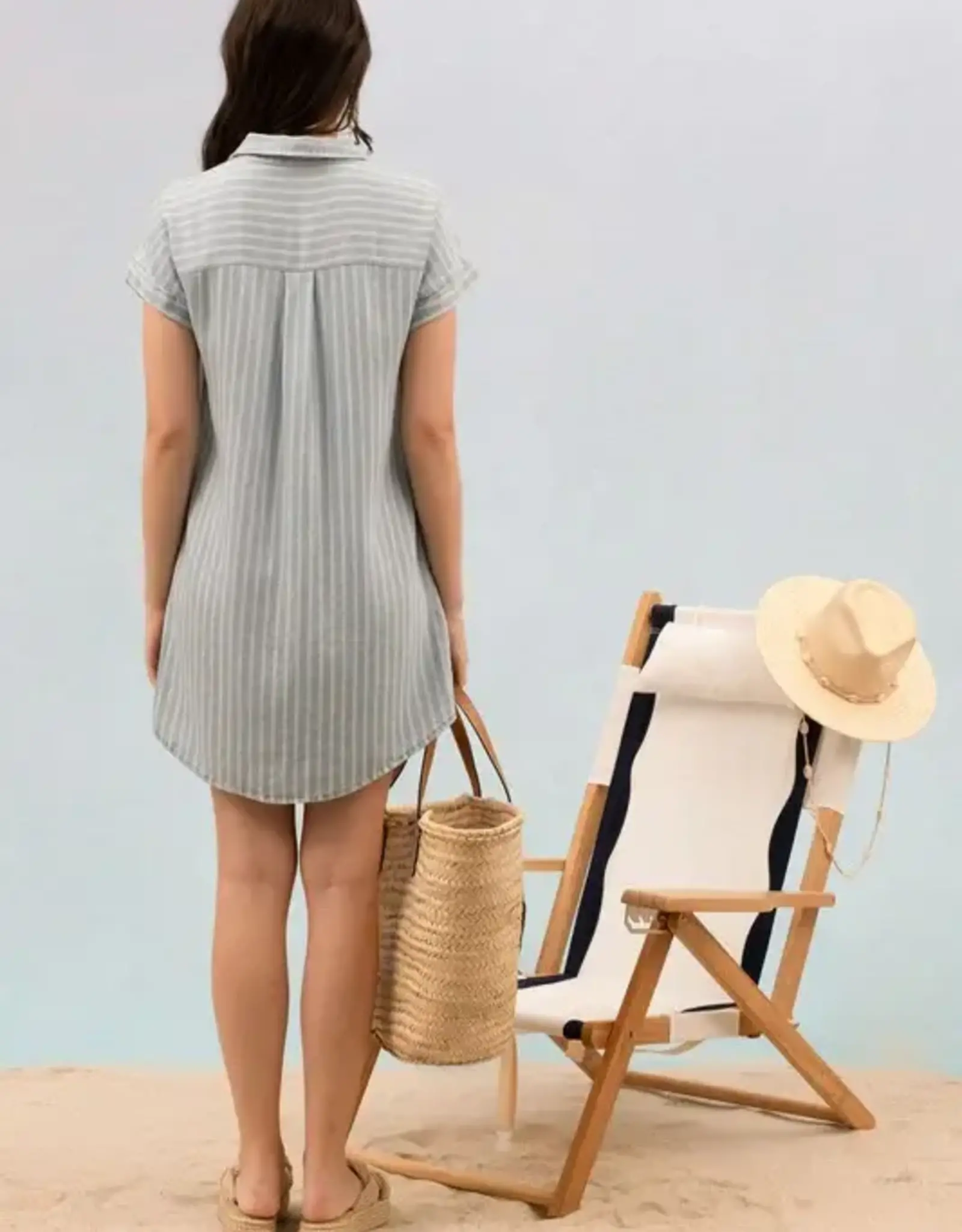 Miss Bliss Blu Stripe Chambray Collared Cuff Slv Mini Dress