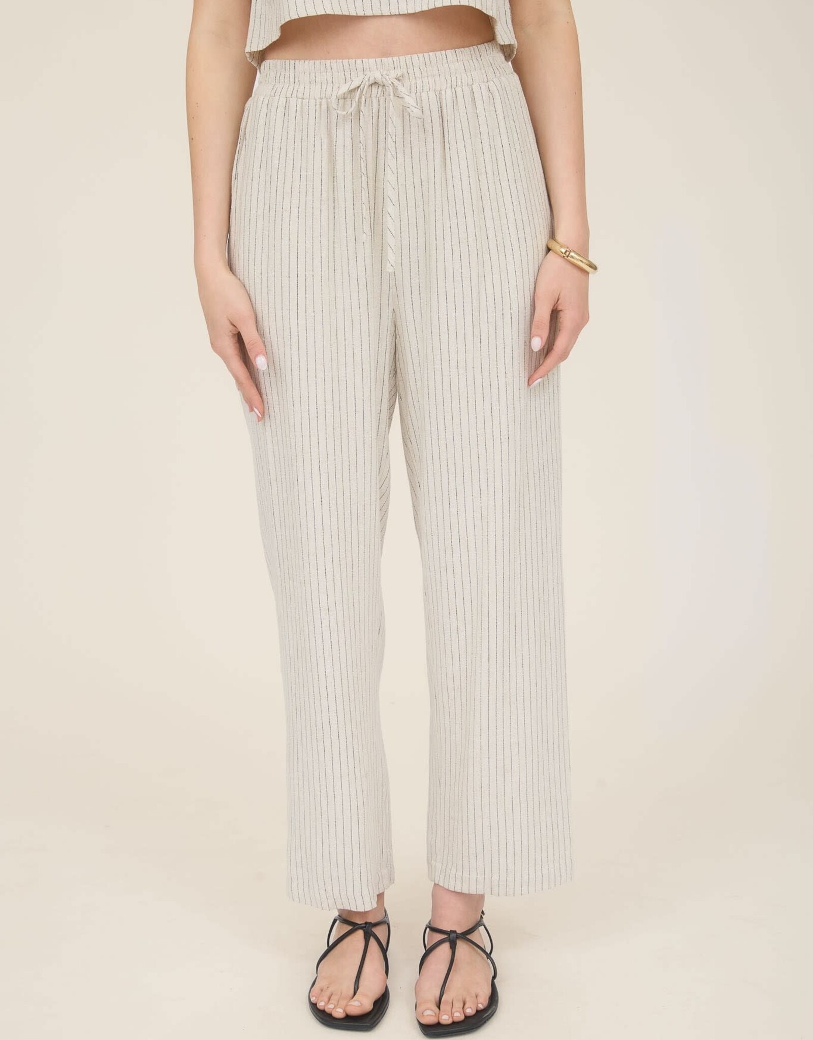 Miss Bliss Blu Pinstripe Drawstring Straight Leg Linen Pants-Natural